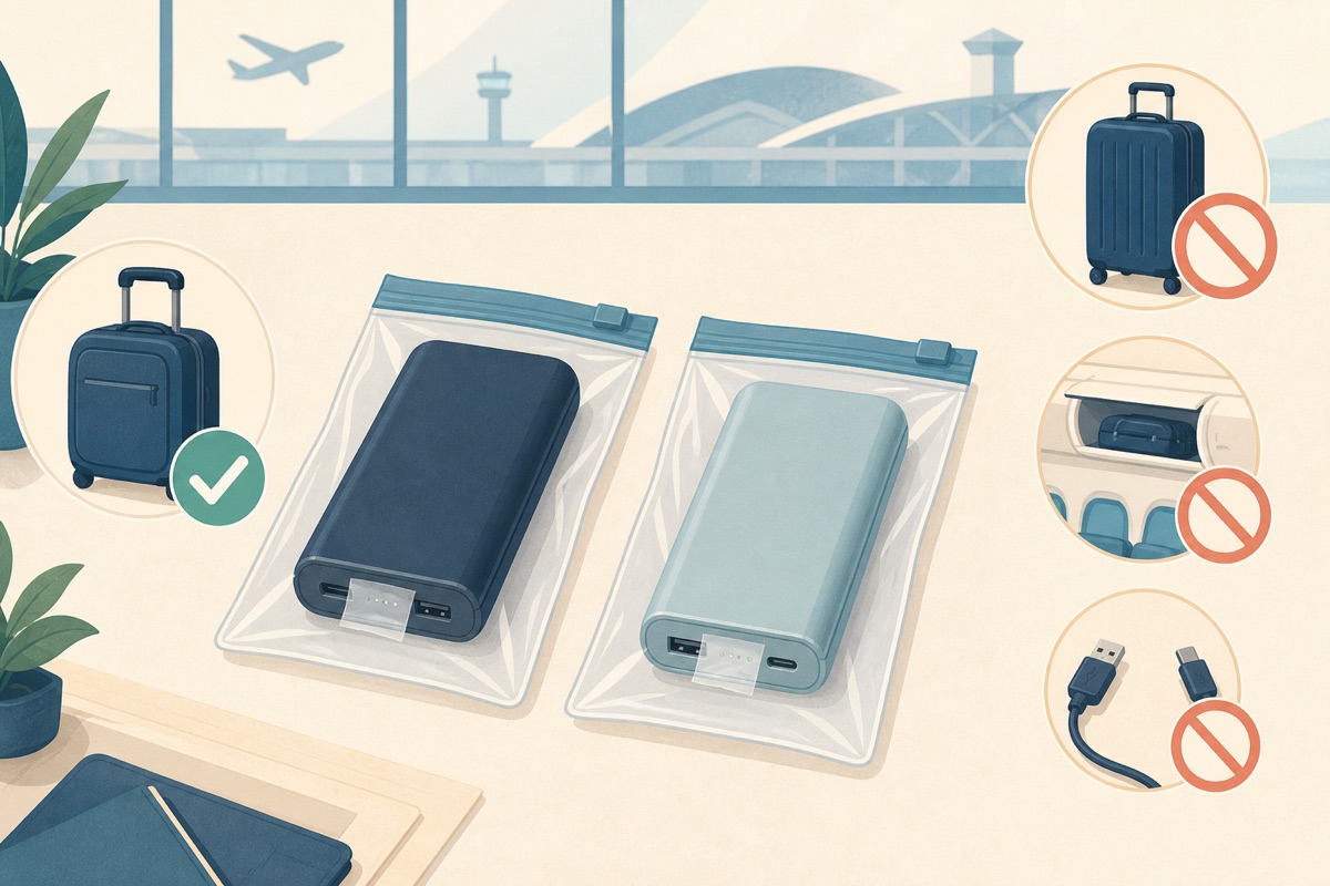 Two power banks packed separately with protected terminals beside carry-on, checked-bag, overhead-bin and charging symbols