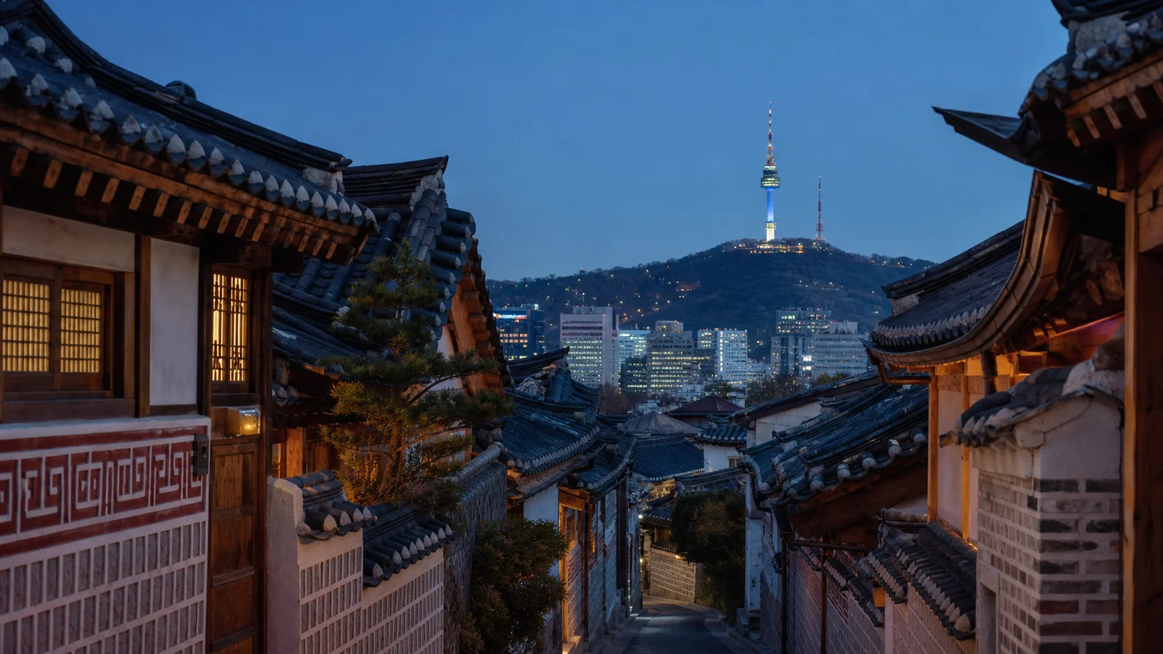 Seoul skyline at blue hour with Namsan Seoul Tower and city lights