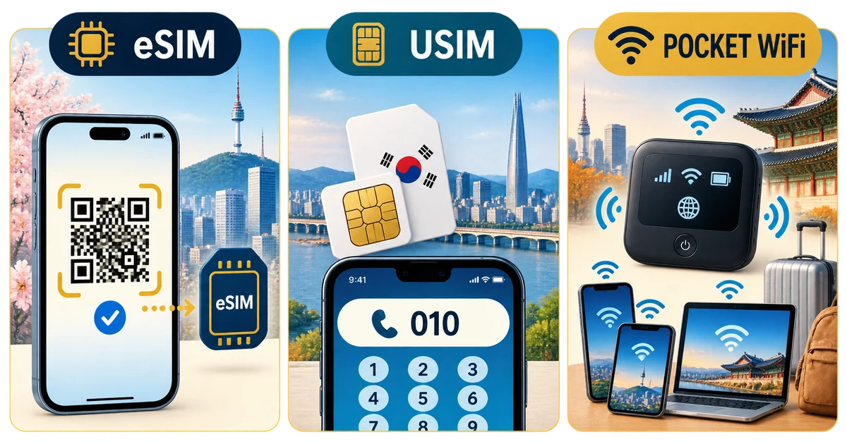 Korea eSIM vs Physical SIM vs Pocket WiFi 2026: Speed, 010 Number and Cost visual guide
