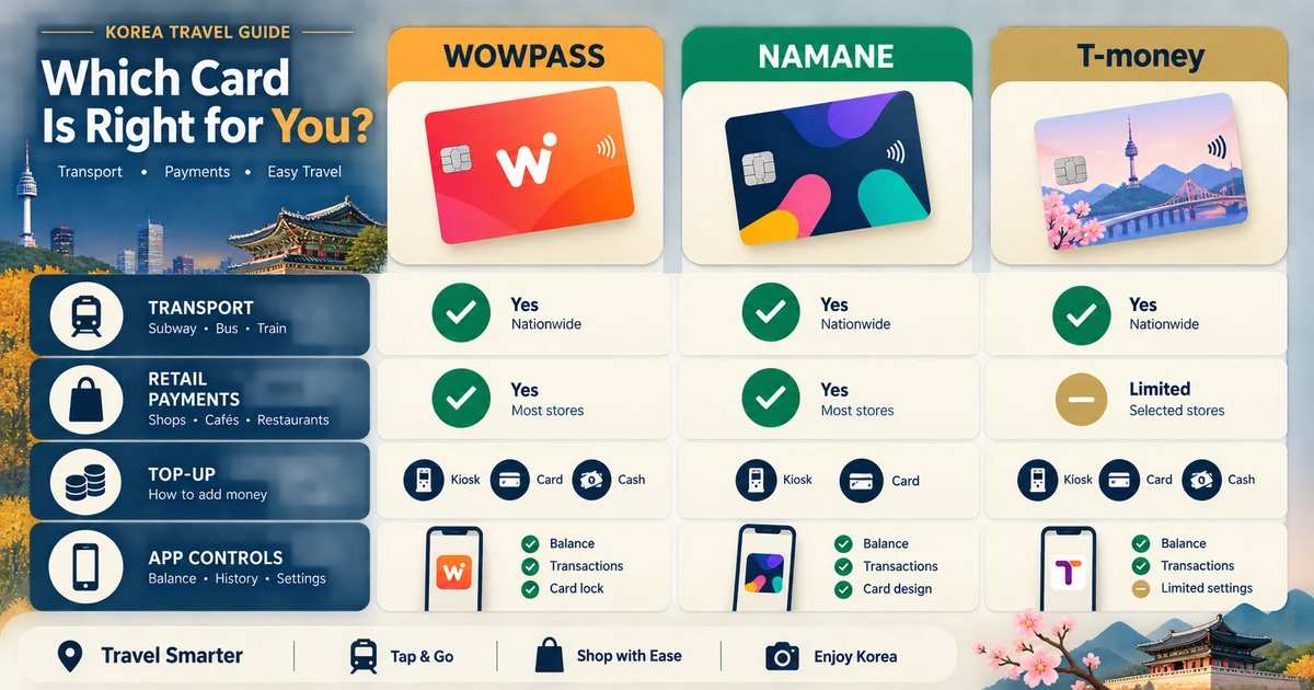 WOWPASS vs NAMANE vs T-Money 2026: Best Prepaid Travel Card for South Korea visual guide
